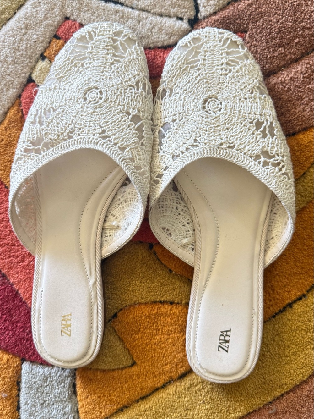 Zara Ivory Lace Slip-On Mules